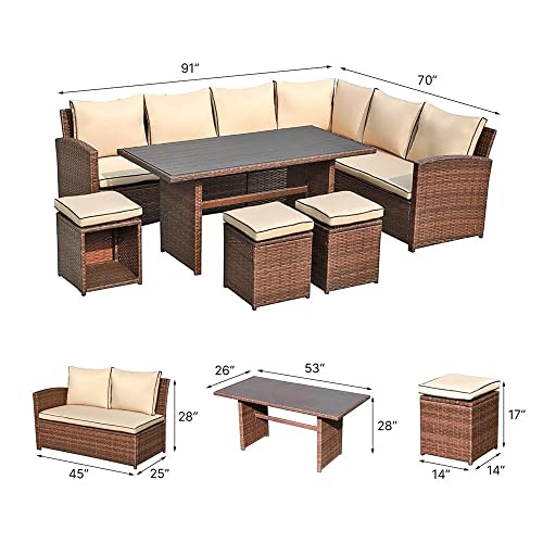 Yangming Outdoor Patio Furniture Set, 7 Piece Sectional Clearance Sets Dining Table Rattan Chairs Wicker Couch Conversation Seating Sofa with Ottomans for Deck, Backyard, Porch, Lawn, Garden (Brown)