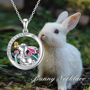 RMREWY Bunny Necklace 925 Sterling Silver Rabbit Pendant Cute Easter Animal Jewelry Birthday Gift for Women Mom