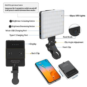 OLRPT Selfie Light, Phone Light with Front & Back Clip, 60 LED Portable Light with 3 Light Modes, 5000mAh Rechargeable Video Light for Phone, iPhone, IPad, Laptop, TikTok, Makeup, Live Stream, Vlog