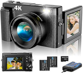 4K Digital Camera for Photography Autofocus, Upgraded 48MP Vlogging Camera for YouTube with SD Card, 3" 180 Flip Screen Compact Travel Camera with 16X Digital Zoom, Flash, Anti-Shake, 2 Batteries