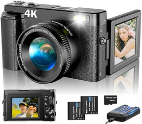 4K Digital Camera for Photography Autofocus, Upgraded 48MP Vlogging Camera for YouTube with SD Card, 3" 180 Flip Screen Compact Travel Camera with 16X Digital Zoom, Flash, Anti-Shake, 2 Batteries