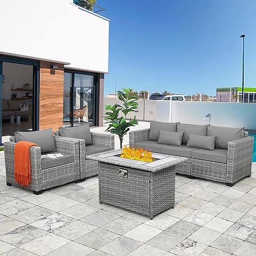 Rattaner Patio Furniture Set 4 Pieces Outdoor Furniture Sets Patio Couch Outdoor Chairs Propane Fire Pit with Anti-Slip Cushions and Waterproof Covers, Grey