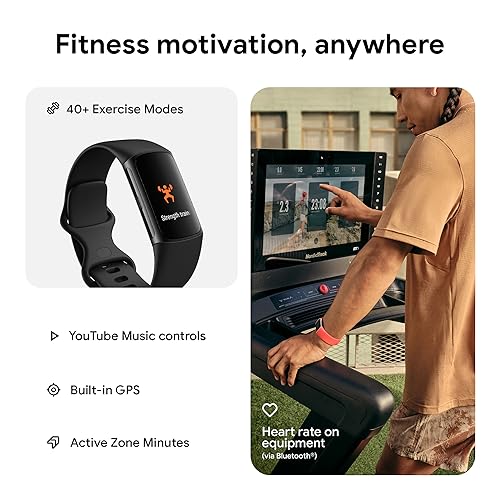 Fitbit Charge 6 Fitness Tracker with Google apps, Heart Rate on Exercise Equipment, 6-Months Premium Membership Included, GPS, Health Tools and More, Obsidian/Black, One Size (S & L Bands Included)