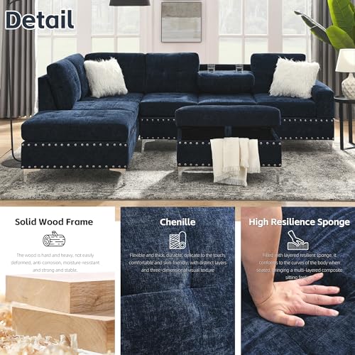 Yoglad Living Room Furniture Set, Sectional 5-Seater Sofa with Reversible Chaise, Corner Sofa Set with Ottoman, L Shaped Couch for Apartment, Living Room (107.5 Inch Chenille, Navy)