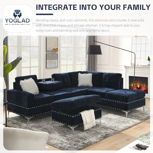 Yoglad Living Room Furniture Set, Sectional 5-Seater Sofa with Reversible Chaise, Corner Sofa Set with Ottoman, L Shaped Couch for Apartment, Living Room (107.5 Inch Chenille, Navy)