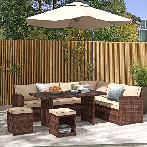 Yangming Outdoor Patio Furniture Set, 7 Piece Sectional Clearance Sets Dining Table Rattan Chairs Wicker Couch Conversation Seating Sofa with Ottomans for Deck, Backyard, Porch, Lawn, Garden (Brown)