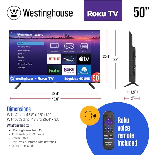 Westinghouse Edgeless Roku TV - 50 Inch Smart TV, 4K LED UHD TV w/HDR 10, Wi-Fi & Mobile App Connectivity, Flat Screen TV Compatible w/Apple Home Kit, Alexa, & Google Assistant