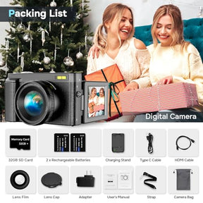 4K Digital Camera for Photography Autofocus, Upgraded 48MP Vlogging Camera for YouTube with SD Card, 3" 180 Flip Screen Compact Travel Camera with 16X Digital Zoom, Flash, Anti-Shake, 2 Batteries