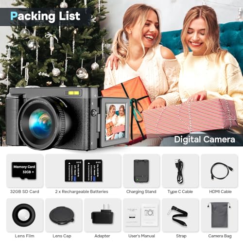 4K Digital Camera for Photography Autofocus, Upgraded 48MP Vlogging Camera for YouTube with SD Card, 3" 180 Flip Screen Compact Travel Camera with 16X Digital Zoom, Flash, Anti-Shake, 2 Batteries