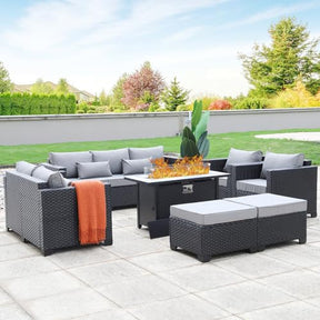 Rattaner 7 PCS Outdoor Furniture Sets 60000BTU 45-Inch Outdoor Propane Fire Pit Table Patio Furniture Set No-Slip Cushions and Waterproof Covers, Light Grey