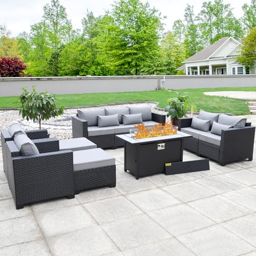 Rattaner 7 PCS Outdoor Furniture Sets 60000BTU 45-Inch Outdoor Propane Fire Pit Table Patio Furniture Set No-Slip Cushions and Waterproof Covers, Light Grey