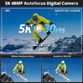 5K Digital Camera for Photography Autofocus, 48MP Vlogging Camera with Front and Rear Lens, Viewfinder, Flashlight, 16X Digital Zoom, Anti-Shake, Compact Travel Camera with 32GB SD Card, 2 Batteries