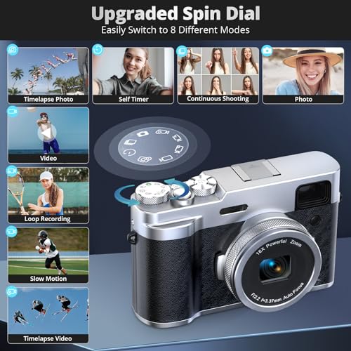 5K Digital Camera for Photography Autofocus, 48MP Vlogging Camera with Front and Rear Lens, Viewfinder, Flashlight, 16X Digital Zoom, Anti-Shake, Compact Travel Camera with 32GB SD Card, 2 Batteries