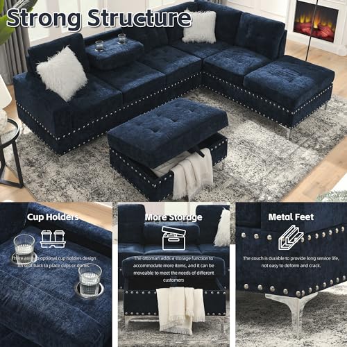 Yoglad Living Room Furniture Set, Sectional 5-Seater Sofa with Reversible Chaise, Corner Sofa Set with Ottoman, L Shaped Couch for Apartment, Living Room (107.5 Inch Chenille, Navy)