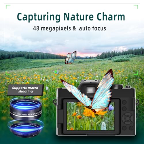 Mo Digital Cameras for Photography & 4K Video, 48 MP Vlogging Camera for YouTube with 180° Flip Screen,16X Digital Zoom,Flash & Autofocus,52mm Wide Angle & Macro Lens,2 Batteries,32GB SD Card