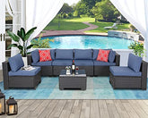 Furnimy 7 Piece Patio Furniture Sets Outdoor Sectional PE Rattan Outdoor Furniture Patio Conversation Set with Cushions and Glass Coffee Table, Clips（Expresso with Navy）