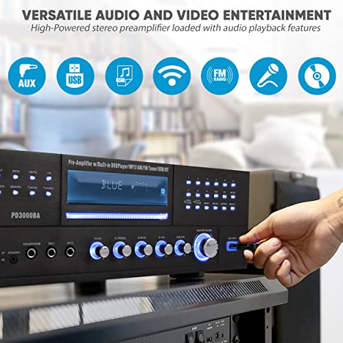 Pyle 4 Channel Wireless Bluetooth Amplifier - 3000 Watt Stereo Speaker Home Audio Receiver w/FM Radio, USB, 2 Microphone w/Echo for Karaoke, Front Loading CD DVD Player, LED, Rack Mount - PD3000BA.5