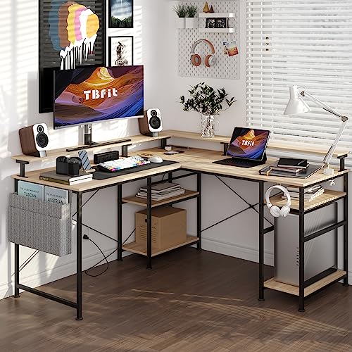 Tbfit L Shaped Desk, Reversible Corner Computer Desk with Power Outlet and LED Strip, Gaming Computer Desk with Monitor Stand and Storage Shelf, 2 Person Long Writing Study Table, Oak