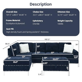 Yoglad Living Room Furniture Set, Sectional 5-Seater Sofa with Reversible Chaise, Corner Sofa Set with Ottoman, L Shaped Couch for Apartment, Living Room (107.5 Inch Chenille, Navy)