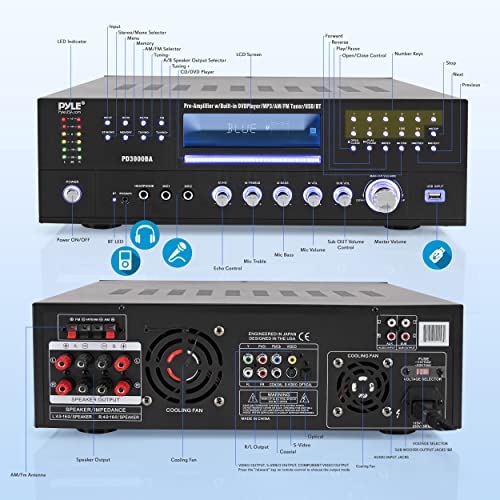 Pyle 4 Channel Wireless Bluetooth Amplifier - 3000 Watt Stereo Speaker Home Audio Receiver w/FM Radio, USB, 2 Microphone w/Echo for Karaoke, Front Loading CD DVD Player, LED, Rack Mount - PD3000BA.5