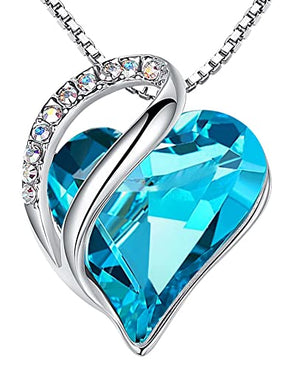 Leafael Valentine's Day Necklaces for Women, Infinity Love Heart Pendant with Turquoise Aquamarine Blue Birthstone Crystal for December, Silver Plated 18" + 2" Chain, Jewelry Birthday Gifts for Wife