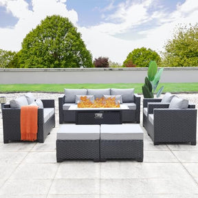 Rattaner 7 PCS Outdoor Furniture Sets 60000BTU 45-Inch Outdoor Propane Fire Pit Table Patio Furniture Set No-Slip Cushions and Waterproof Covers, Light Grey