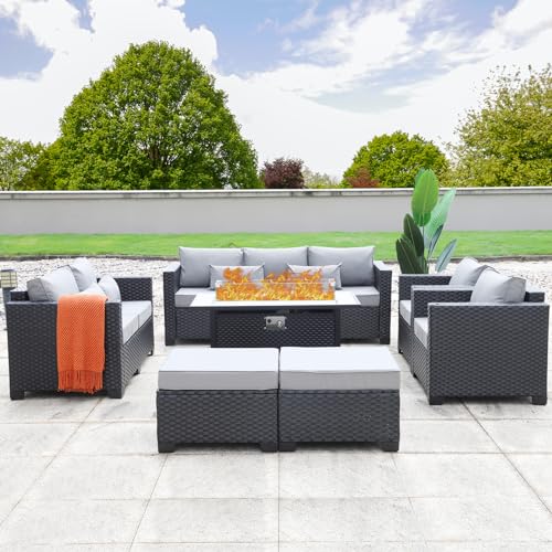 Rattaner 7 PCS Outdoor Furniture Sets 60000BTU 45-Inch Outdoor Propane Fire Pit Table Patio Furniture Set No-Slip Cushions and Waterproof Covers, Light Grey