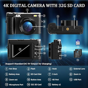 4K Digital Camera for Photography Autofocus, Upgraded 48MP Vlogging Camera for YouTube with SD Card, 3" 180 Flip Screen Compact Travel Camera with 16X Digital Zoom, Flash, Anti-Shake, 2 Batteries