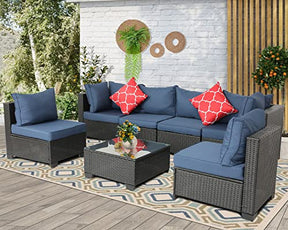 Furnimy 7 Piece Patio Furniture Sets Outdoor Sectional PE Rattan Outdoor Furniture Patio Conversation Set with Cushions and Glass Coffee Table, Clips（Expresso with Navy）