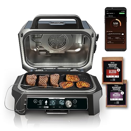 Ninja OG951 Woodfire Pro Connect Premium XL Outdoor Grill & Smoker, Bluetooth, App Enabled, 7-in-1 Master Grill, BBQ Smoker, Outdoor Air Fryer, Woodfire Technology, 2 Built-In Thermometers, Black