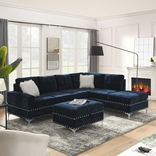 Yoglad Living Room Furniture Set, Sectional 5-Seater Sofa with Reversible Chaise, Corner Sofa Set with Ottoman, L Shaped Couch for Apartment, Living Room (107.5 Inch Chenille, Navy)