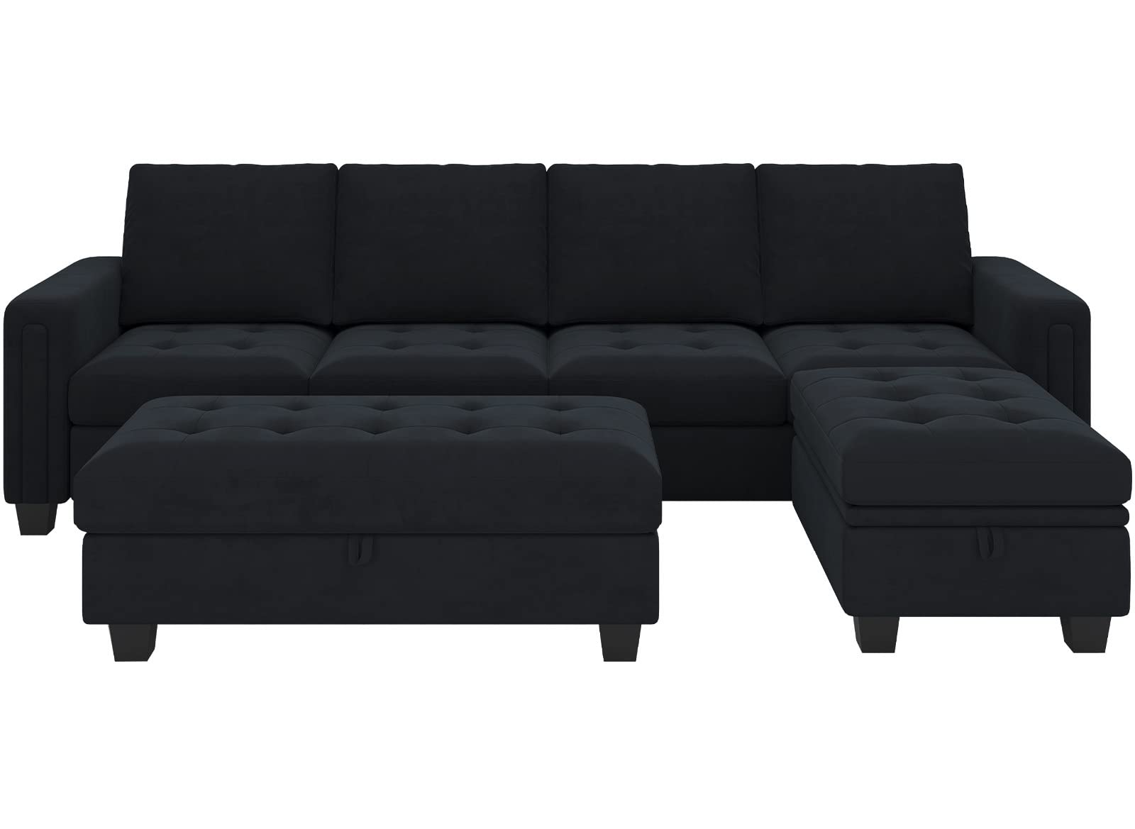 Belffin Velvet Convertible 4-Seat Sectional Sofa with Reversible Chaise L Shaped Sofa Couch Furniture Sets Sectional Couch with Storage Ottoman Black