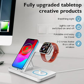 Charging Station for iPhone Multiple Devices, Foldable 3 in 1 Fast Charging Stand Dock for AirPods & iPhone 14 13 12 11 Pro X Max XS XR 8 7 Plus 6s, Apple Watch Charger for Apple Watch with Adapter