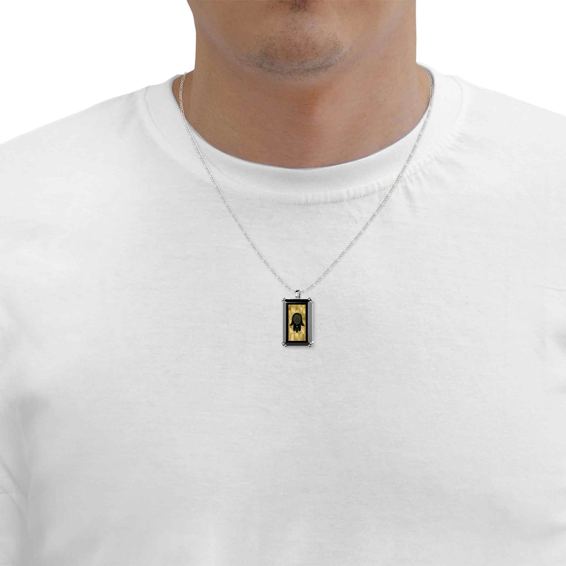 Men's Hamsa Necklace Pendant with Travelers Prayer 24k Gold Inscribed on Onyx