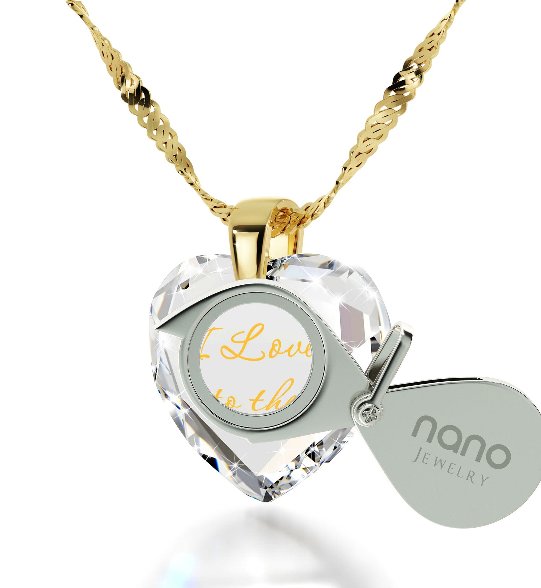 Gold Plated Silver I Love You to The Moon and Back Necklace 24k Gold Inscribed Heart Cubic Zirconia Pendant