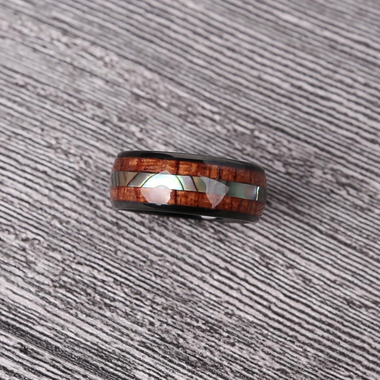 Black Tungsten Abalone and Koa Wood Ring