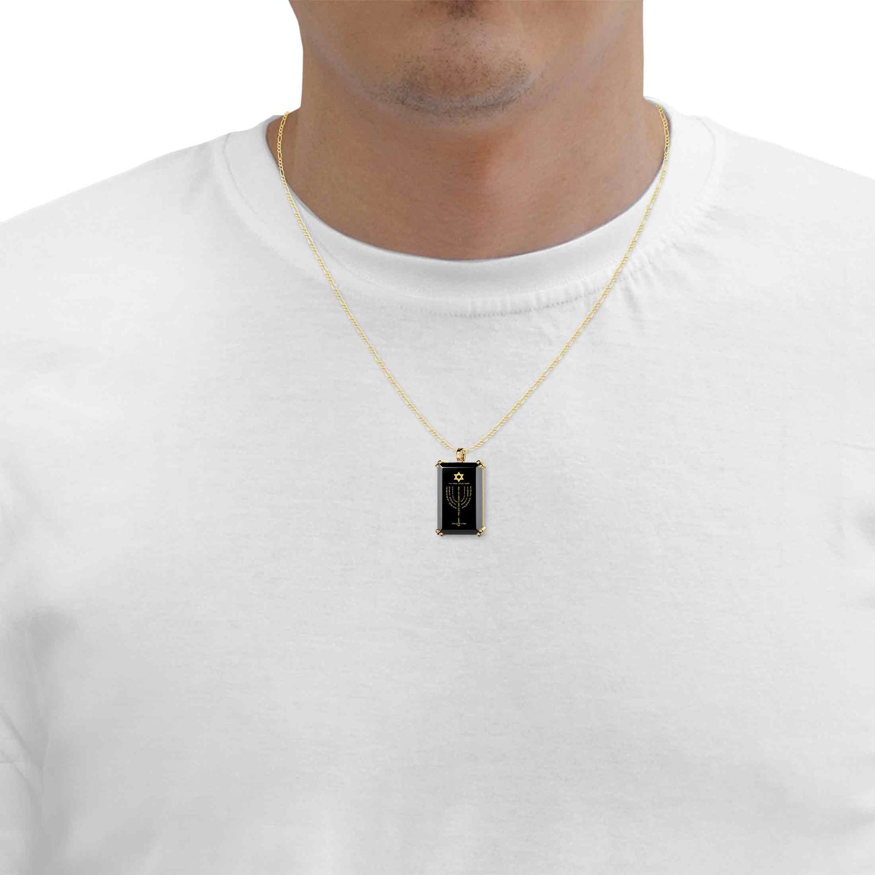 Men's Star of David Necklace Menorah Pendant Psalm 67 24k Gold Inscribed on Onyx