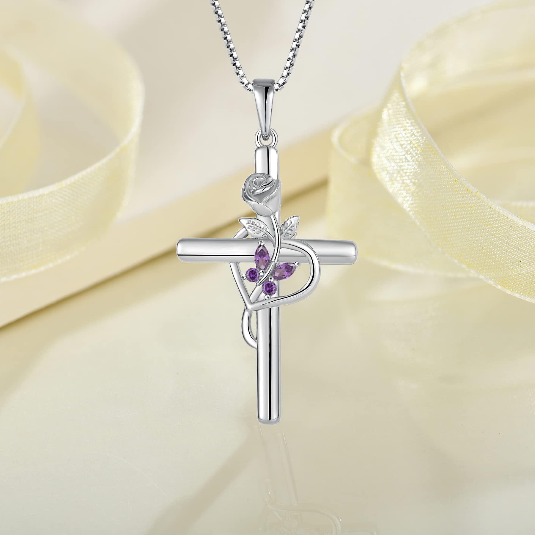 Rocayi Cross Necklace for Women 925 Sterling Silver Butterfly Necklace Amethyst February Birthstone Pendent Rose Flower Religion Jewelry Gifts for Women Wife Girlfriend Mother Daughter Her