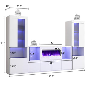 AMERLIFE 3 Piece Modern High Gloss Fireplace TV Stand + Bookcase Set for Living Room Includes 68" TV Stand with 40" Fireplace, 2 X Bookcase with Doors & 20 Colors LED Lights, White