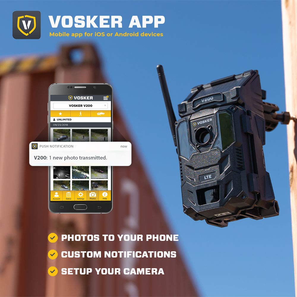 Vosker V200 | Cellular Security Camera | Built-in Solar Panel | LTE, Wireless, Weatherproof, No Wi-Fi Required | Motion Activated Outdoor Surveillance Cameras | Mobile Photo Notifications (V200)