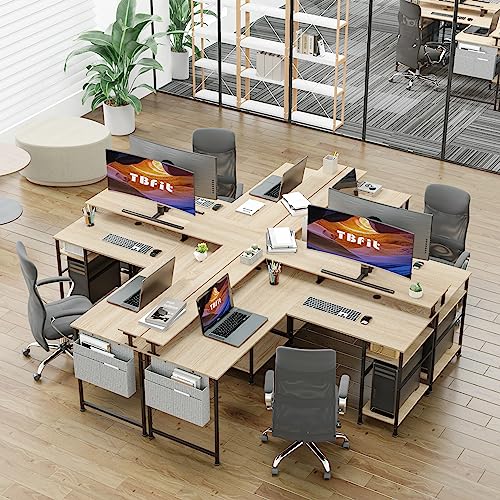 Tbfit L Shaped Desk, Reversible Corner Computer Desk with Power Outlet and LED Strip, Gaming Computer Desk with Monitor Stand and Storage Shelf, 2 Person Long Writing Study Table, Oak