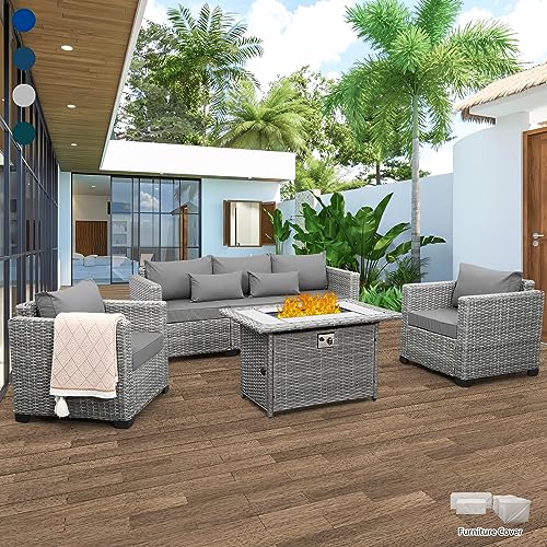 Rattaner Patio Furniture Set 4 Pieces Outdoor Furniture Sets Patio Couch Outdoor Chairs Propane Fire Pit with Anti-Slip Cushions and Waterproof Covers, Grey