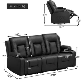 COMHOMA Recline Chair Set，Furniture 3PC Bonded Leather Recliner Set Living Room Set, Sofa with massger(Black, 3+2+1)