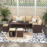 Yangming Outdoor Patio Furniture Set, 7 Piece Sectional Clearance Sets Dining Table Rattan Chairs Wicker Couch Conversation Seating Sofa with Ottomans for Deck, Backyard, Porch, Lawn, Garden (Brown)