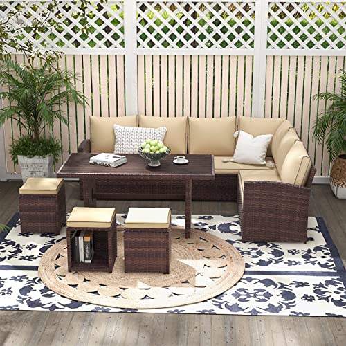 Yangming Outdoor Patio Furniture Set, 7 Piece Sectional Clearance Sets Dining Table Rattan Chairs Wicker Couch Conversation Seating Sofa with Ottomans for Deck, Backyard, Porch, Lawn, Garden (Brown)