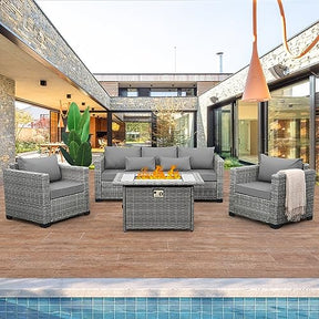 Rattaner Patio Furniture Set 4 Pieces Outdoor Furniture Sets Patio Couch Outdoor Chairs Propane Fire Pit with Anti-Slip Cushions and Waterproof Covers, Grey