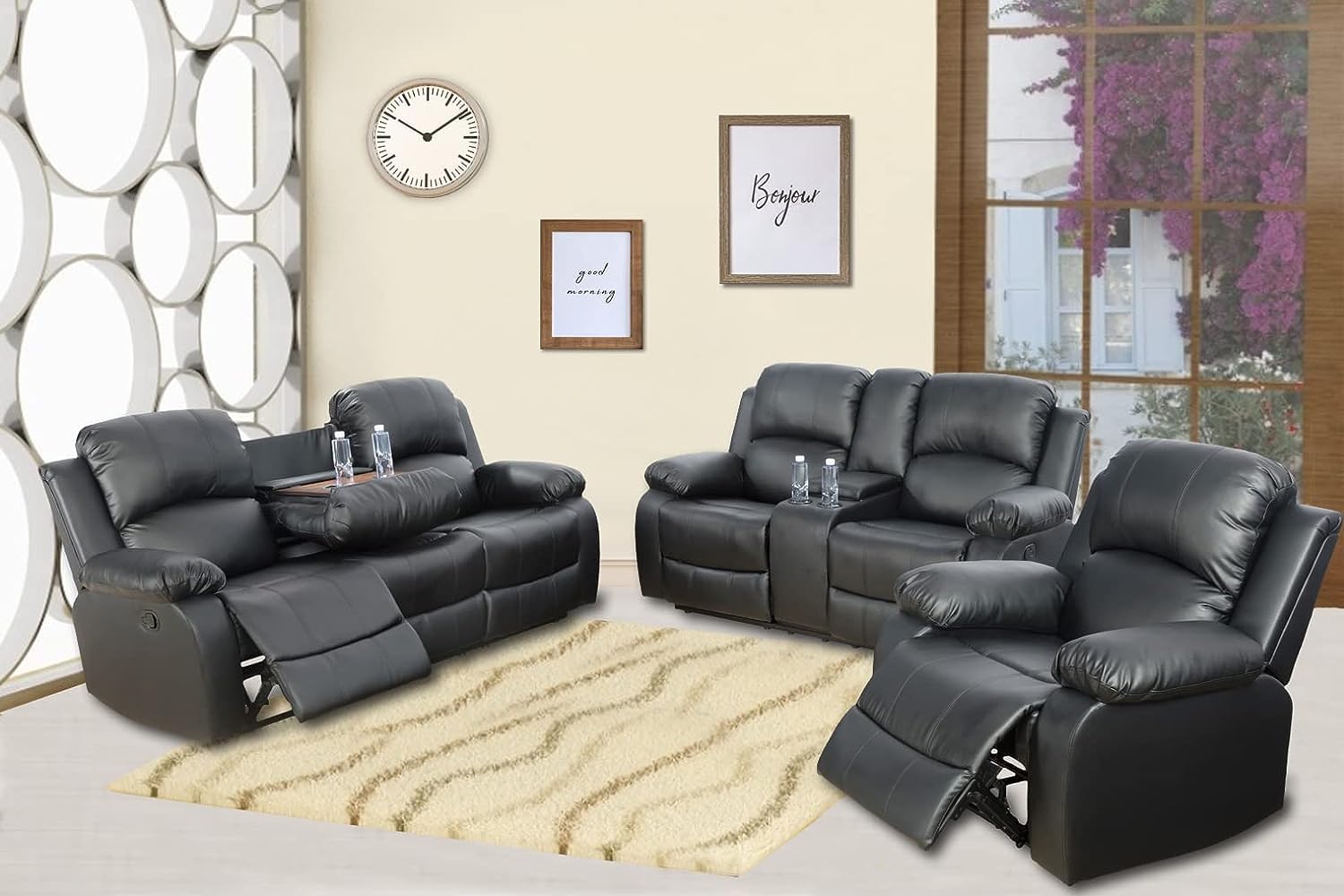 AYCP Bonded Leather Living Room Furniture Set Reclining Sofa Set Loveseat Furniture Sets in Living Room Sofa Recliners (3 Pieces, Black)