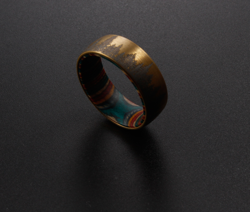 Bronze Etched Tree Line with Striped Wood Sleeve Tungsten Ring