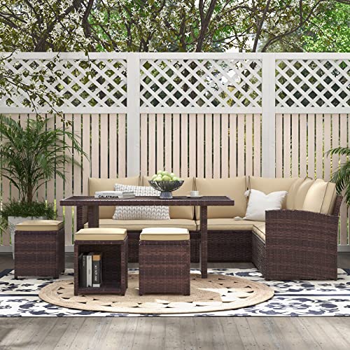 Yangming Outdoor Patio Furniture Set, 7 Piece Sectional Clearance Sets Dining Table Rattan Chairs Wicker Couch Conversation Seating Sofa with Ottomans for Deck, Backyard, Porch, Lawn, Garden (Brown)