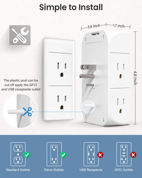 Wall Outlet Extender with Shelf and Night Light,Surge Protector,USB Wall Charger with 5 AC Outlets and 3 USB Ports 1 USB C Outlet Wide Space 3-Sided Power Strip Multi Plug Outlets…